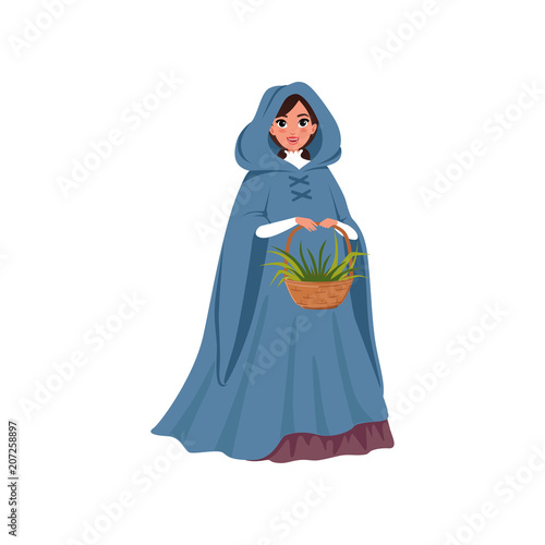 Young woman in medieval dress holding basket of herbs vector Illustration on a white background