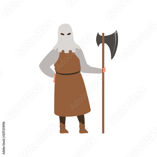 Medieval executioner character standing with ax vector Illustration on a white background