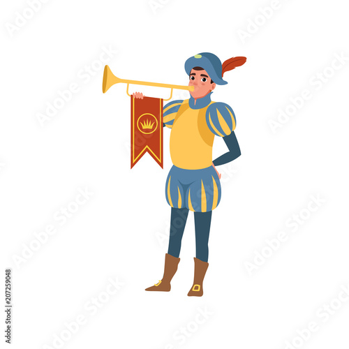 Royal herald with trumpet European medieval character vector Illustration on a white background