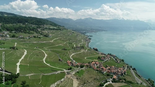Switzerland vineyards in Alps next to Geneva lake 4k aerial video