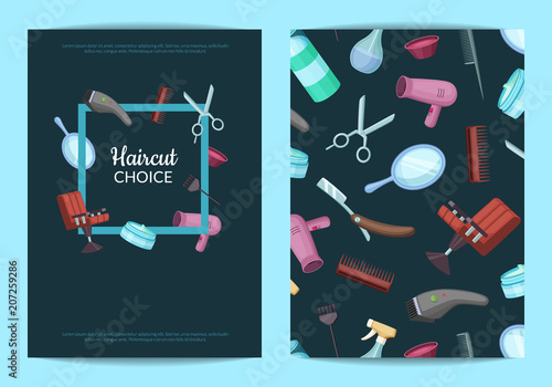 Vector card or flyer templates set for with hairdresser or barber cartoon elements illustration