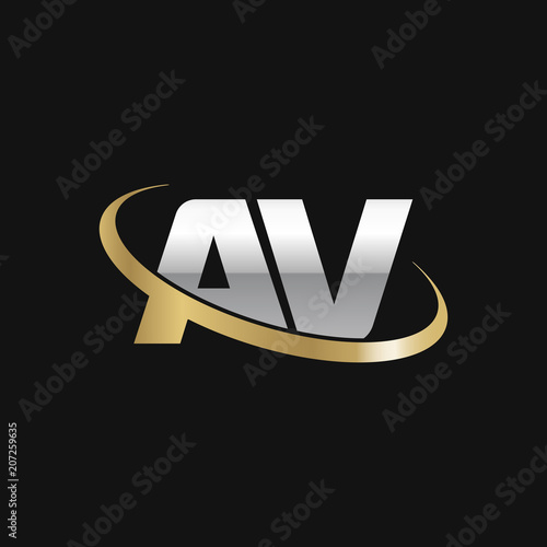 Initial letter AV, overlapping swoosh ring logo, silver gold color on black background