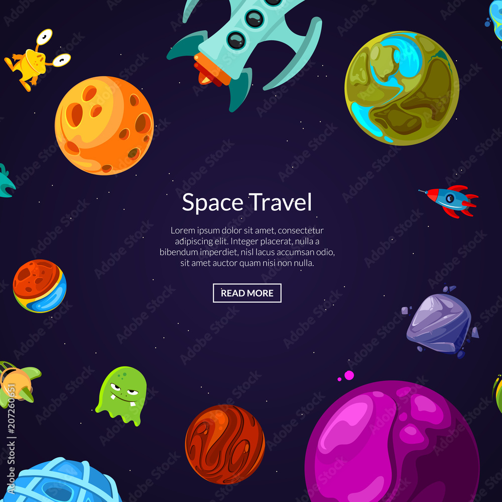 Obraz premium Vector background with place for text with cartoon space planets and ships