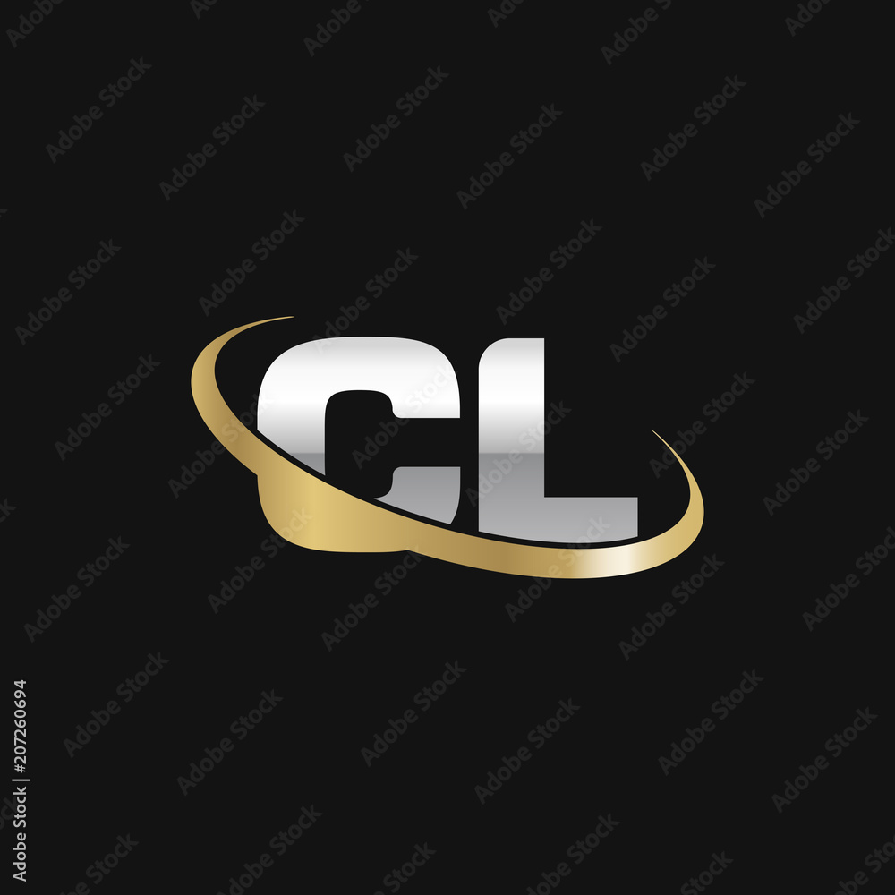 Initial letter CL, overlapping swoosh ring logo, silver gold color on black background Initial letter CL, overlapping swoosh ring logo, silver gold color on black background