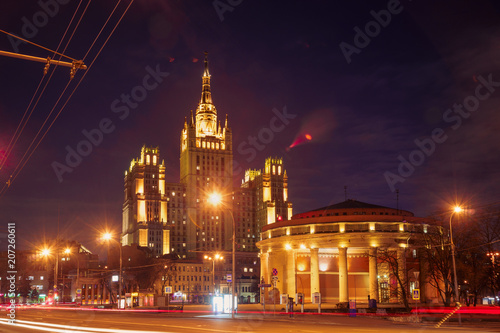 The light trails on the modern building background in Moscow  Russia