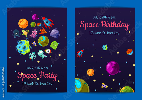 Vector space birthday party invitation templates with space elements, planets and ships