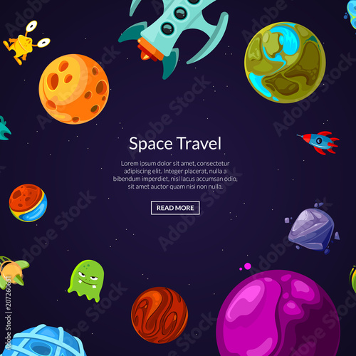 Vector background with place for text with cartoon space planets and ships