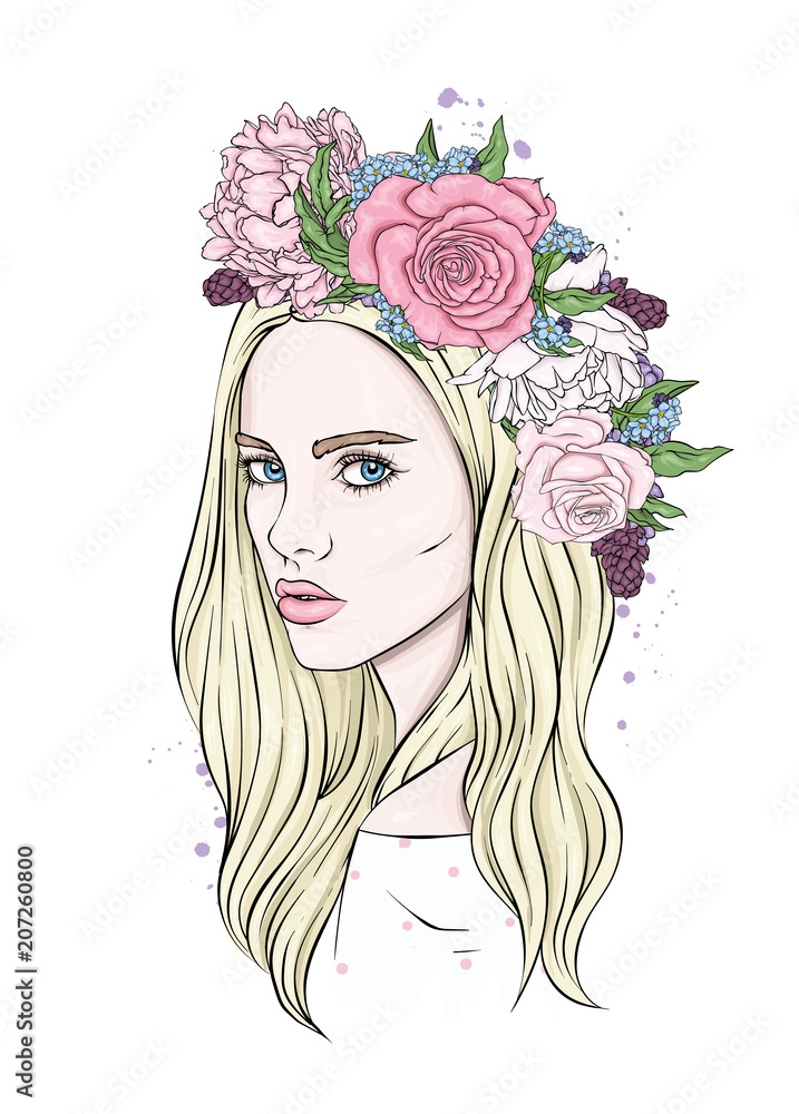 Beautiful girl in wreath of roses and peonies. Girl with long hair. Vector illustration for a postcard or a poster, print for clothes. Fashion & Style. Vintage. Beautiful girl in wreath of roses and peonies. Girl with long hair. Vector illustration for a postcard or a poster, print for clothes. Fashion & Style. Vintage.