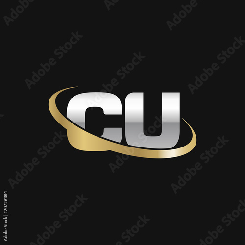 Initial letter CU, overlapping swoosh ring logo, silver gold color on black background