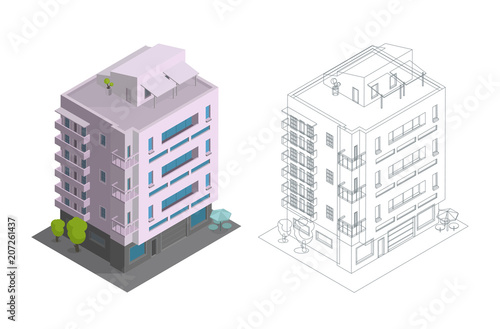 Townhouse building. Terraced housing modern town house multiple floors. City residence three-storey architecture. Contours, drawing isometry 3d. Vector illustration
