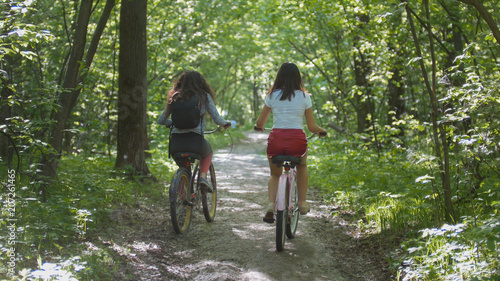 Two famale walk along the path to the thicket of the Park, summer day, rear view