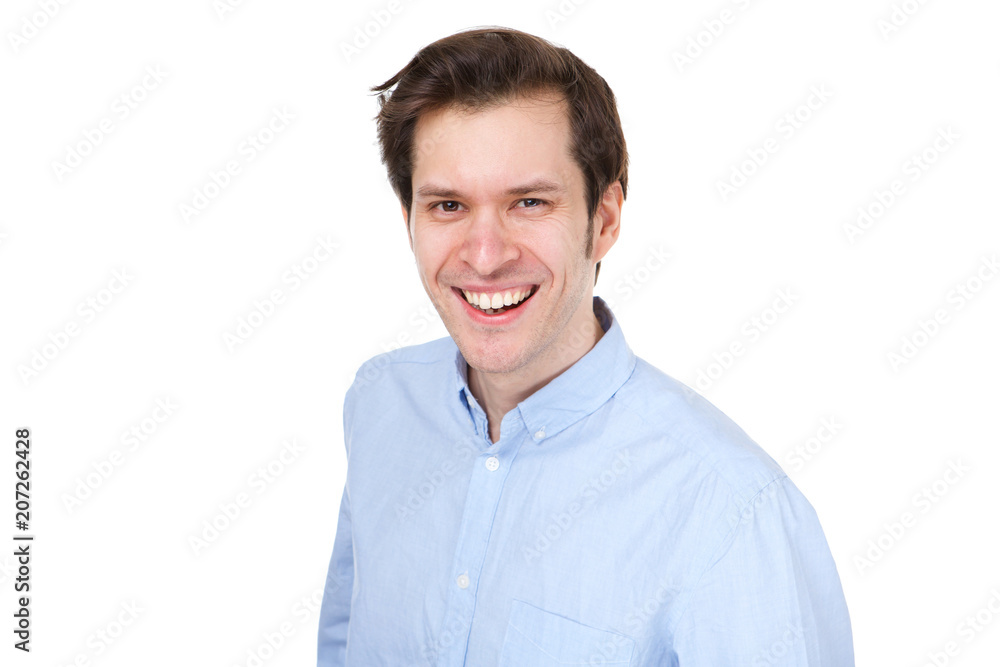 Close up positive business casual man smiling on white background Close up positive business casual man smiling on white background