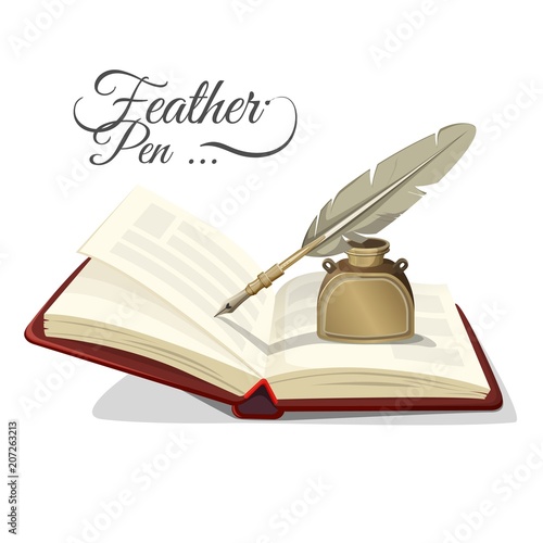 Feather pen and inkwell on open book vector illustration isolated
