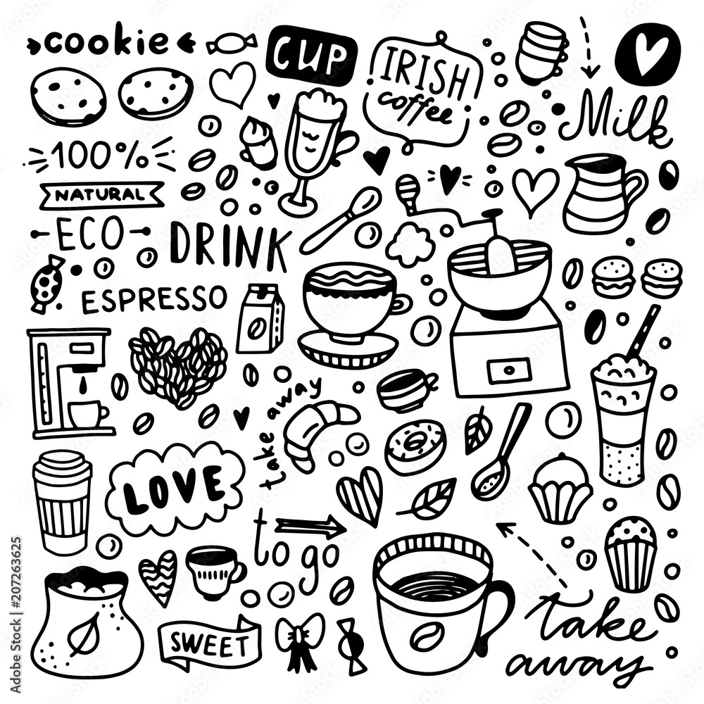 Coffee doodle set. Cute coffee and desserts food illustrations