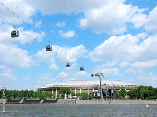 Moscow, Russia. New modern cableway between the Luzhniki stadium and the Vorobyovy Gory over the Moskva River.