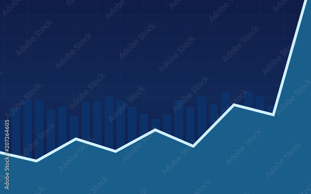 Abstract financial bar chart with uptrend line graph in blue color background