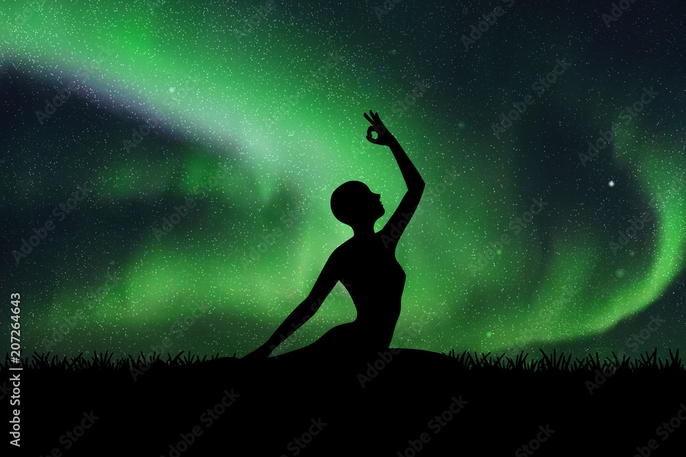 Yoga at night. Vector illustration with silhouette of yoga girl on grass. Northern lights in starry sky. Colorful aurora borealis