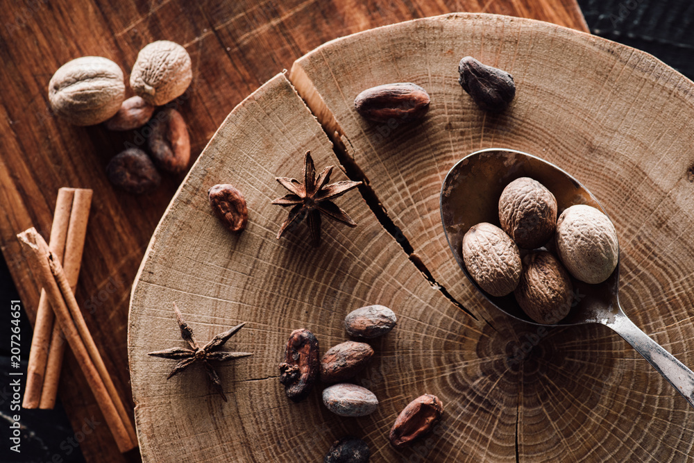 elevated view of cutting board, cocoa beans, spoon, anise, cinnamon sticks and nutmegs on wooden table elevated view of cutting board, cocoa beans, spoon, anise, cinnamon sticks and nutmegs on wooden table