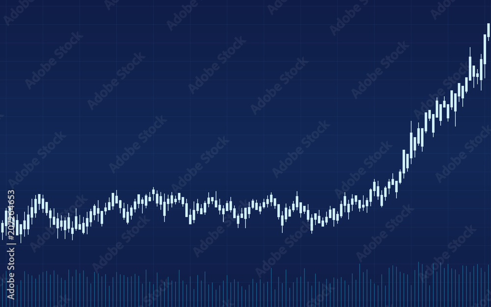 Abstract financial candlestick chart with uptrend line graph on blue color background
