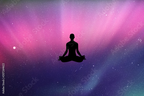Yoga at night. Vector illustration with of yoga girl in lotus pose. Northern lights in starry sky. Colorful aurora borealis