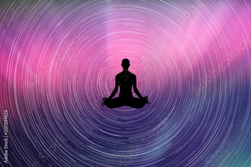 Yoga at night. Vector illustration with of yoga girl in lotus pose. Rotation of stars. Northern lights in starry sky.