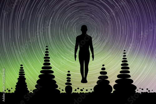 Yoga at night. Vector conceptual illustration with silhouette of yogi in pose of tadasana and pyramids of stones. Rotation of stars. Northern lights in starry sky
