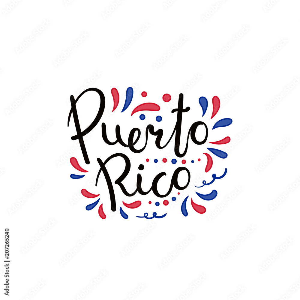 Hand written calligraphic lettering quote Puerto Rico with decorative elements in flag colors. Isolated objects on white background. Vector illustration. Design concept for independence day banner.