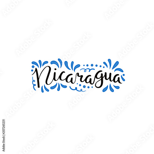 Hand written calligraphic lettering quote Nicaragua with decorative elements in flag colors. Isolated objects on white background. Vector illustration. Design concept for independence day banner. photo