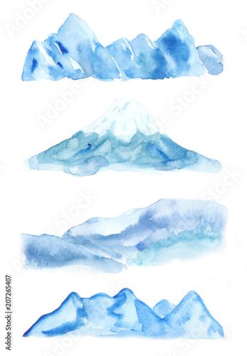 Watercolor set of mountains in blue color. 
