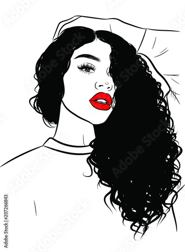 Hand-drawn black woman with curly luxurious hair and big sexy lips.Girl with perfectly shaped eyebrows and full lashes. Idea for business visit card, typography vector.Perfect salon look.