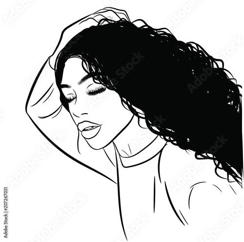 Hand-drawn black woman with curly luxurious hair and big sexy lips.Girl with perfectly shaped eyebrows and full lashes. Idea for business visit card, typography vector.Perfect salon look.