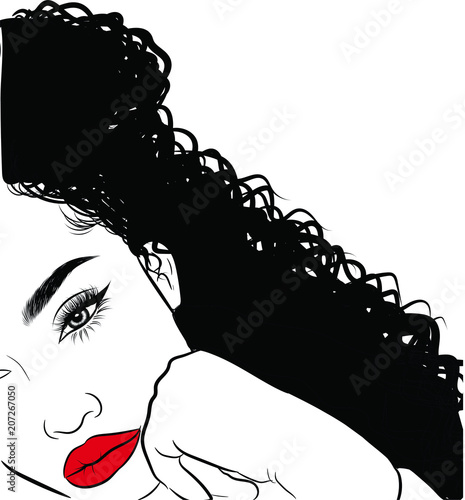 Hand-drawn black woman with curly luxurious hair and big sexy lips.Girl with perfectly shaped eyebrows and full lashes. Idea for business visit card, typography vector.Perfect salon look.