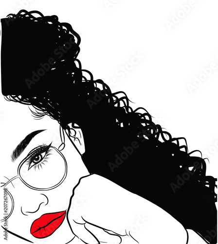 Hand-drawn black woman with curly luxurious hair and big sexy lips.Girl with perfectly shaped eyebrows and full lashes. Idea for business visit card, typography vector.Perfect salon look.