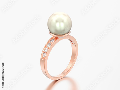 3D illustration rose gold diamond engagement wedding ring with pearl