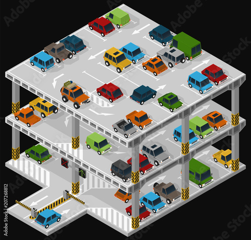 Vector isometric illustration of a multi storey car park and parked vehicles describing the internal structure of a multi-level parking garage.