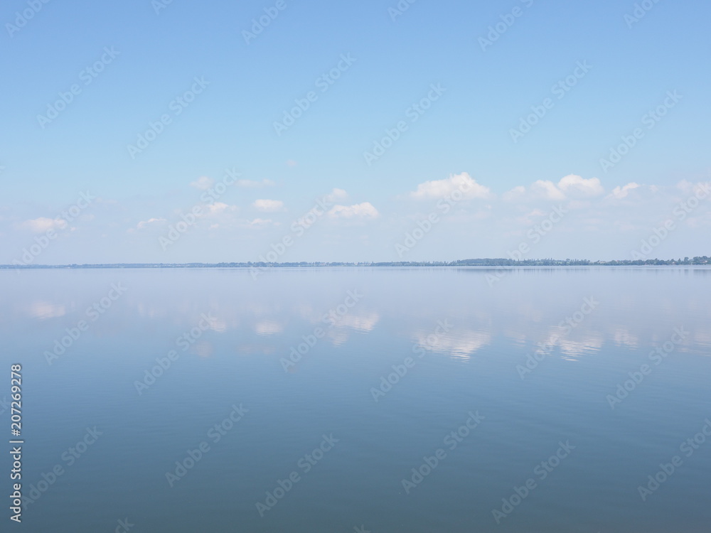 Beautiful landscape of artificial european Goczalkowice Reservoir in Poland with beauty clouds on blue sky