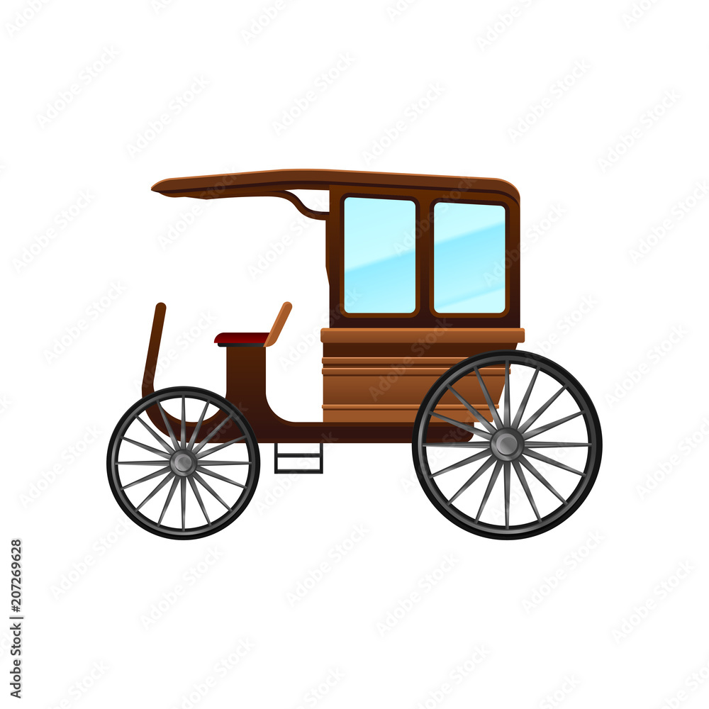 Flat vector icon of old carriage with wooden cab and big wheels. Vintage passengers transport