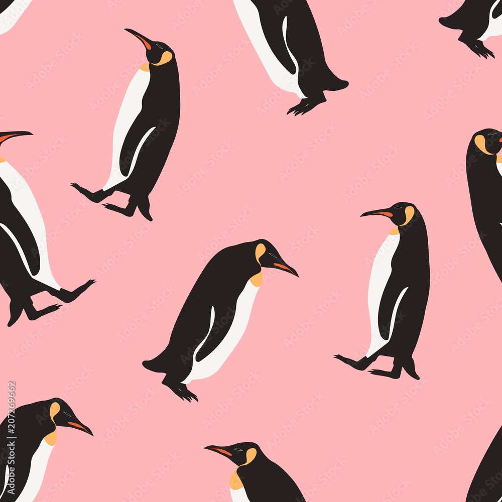 Obraz premium Seamless pattern penguin cartoon on pink background .printing wallpaper.vector illustration