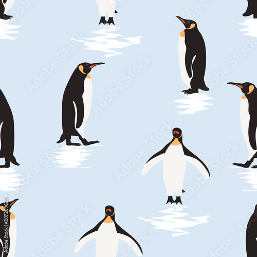 Seamless pattern penguin cartoon  standing on ice .printing wallpaper.vector illustration