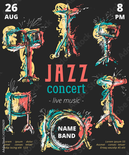 Jazz music party with drum kit with grunge watercolor splashes. Design template for invitation, card, poster, placard and flyer. Vector illustration 