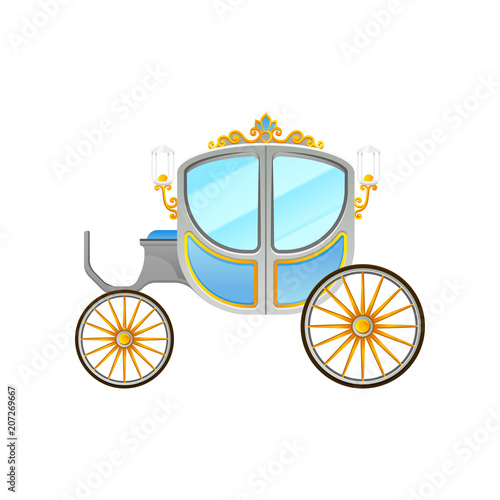 Flat vector icon of royal horse-drawn carriage with small cab. Vintage vehicle decorated with lanterns and golden ornaments