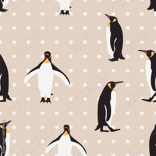 Seamless pattern penguin on lace color and white polka dot background.printing wallpaper.vector illustration