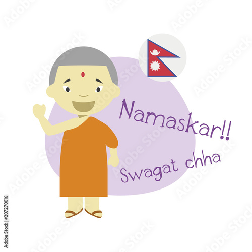 Vector illustration of cartoon character saying hello and welcome in Nepali