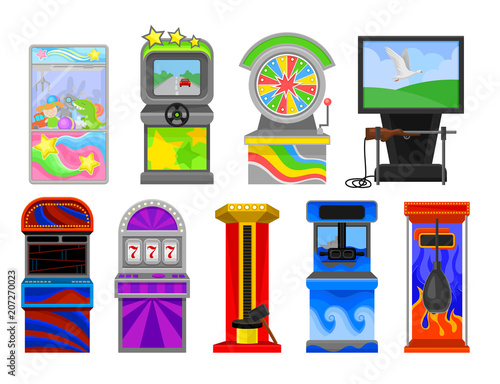 Flat vector set of various arcade machines. Boxing, claw crane, strength tester, auto simulator, wheel of Fortune, shooting game