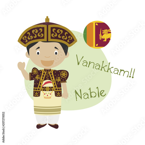 Vector illustration of cartoon character saying hello and welcome in Tamil