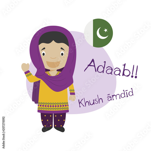 Vector illustration of cartoon character saying hello and welcome in Urdu