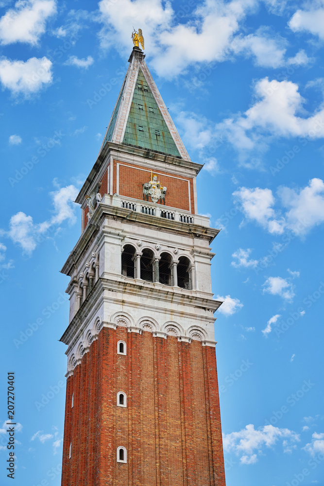 Fragment of St Mark's Campanile (Campanile di San Marco). Bell tower of St Mark's Basilica. Venice, Italy