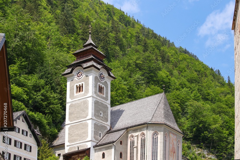Hallstatt, der Kirchturm, Nahaufnahme, Austria