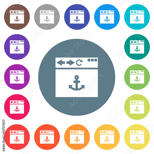 Browser anchor flat white icons on round color backgrounds