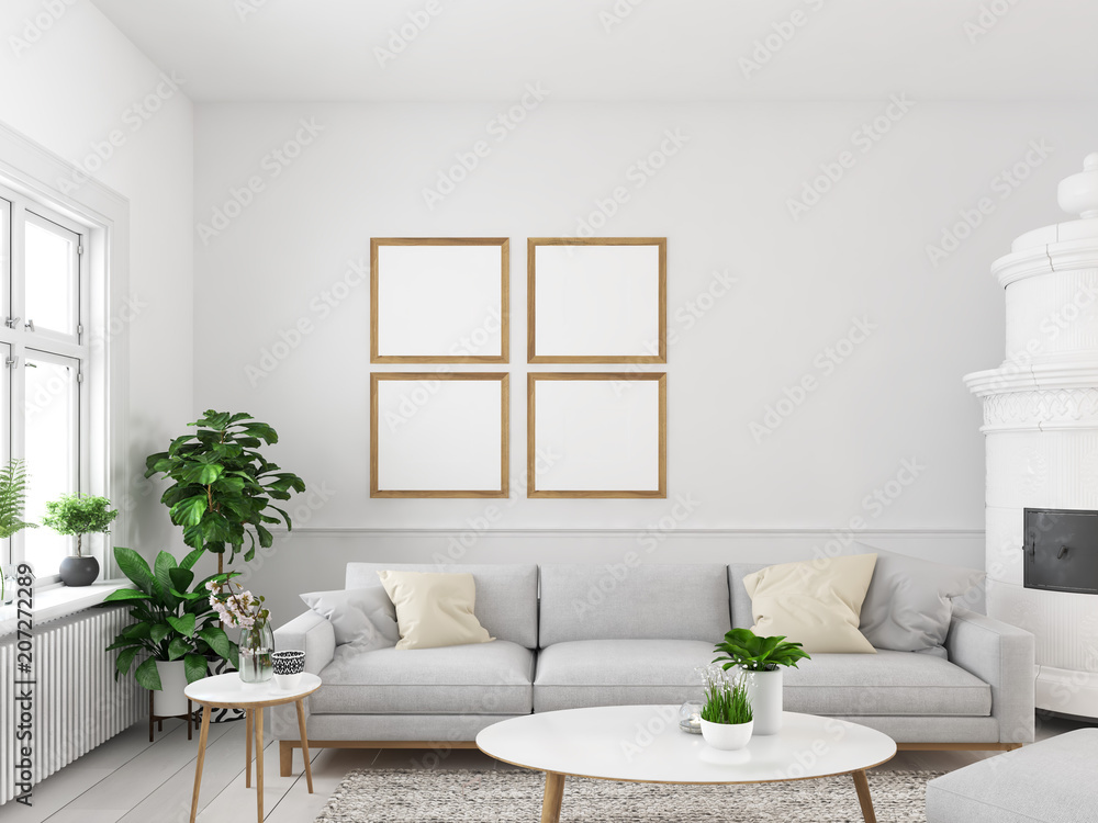 living room with empty picture frames and fireplace. 3d rendering living room with empty picture frames and fireplace. 3d rendering